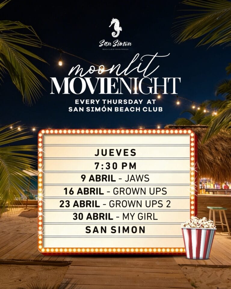 A promotional poster for "Moonlit Movie Night" at San Simon Beach Club in Roatan, Honduras, featuring weekly Thursday evening showings with a decorated outdoor setting illuminated by string lights, surrounded by palm trees and beach scenery.