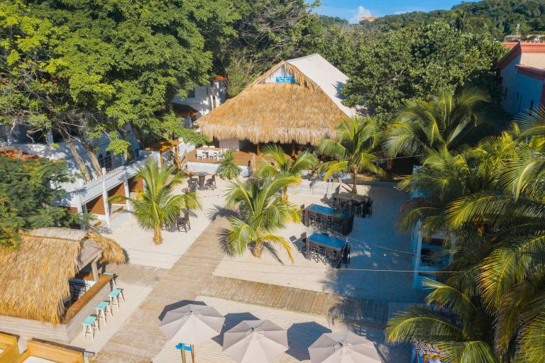An outdoor beach area in Roatan, Honduras, features a thatched-roof tiki hut, palm trees, lounge chairs, and a swimming pool surrounded by wooden decking, with lush green foliage and colorful buildings in the background.