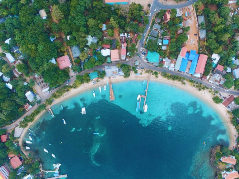 An aerial view of a tropical coastal town in Roatan, Honduras, showing a sandy beach with boats anchored nearby, colorful buildings, green trees, and a winding road along the shoreline.