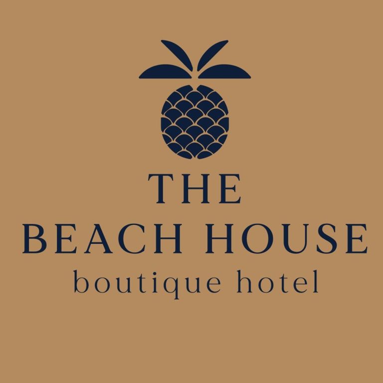 The logo features a dark navy pineapple icon above the text "The Beach House Boutique Hotel" set against a tan background, representing a boutique hotel located in Roatan, Honduras.