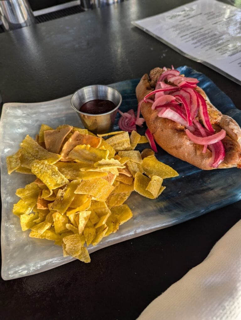 A plate with a Mexican-style sandwich, topped with pickled red onions, served with yellow corn chips and a small container of dark salsa, on a dark tabletop in Roatan, Honduras.