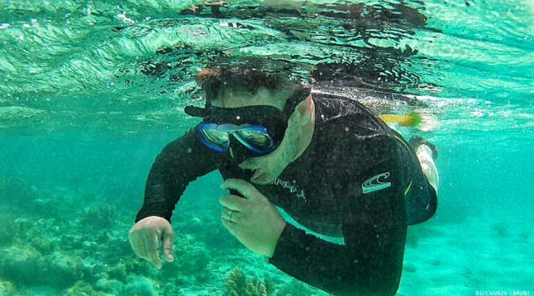 A person wearing snorkeling gear and a black wetsuit explores the clear turquoise waters over a coral reef in Roatan, Honduras.