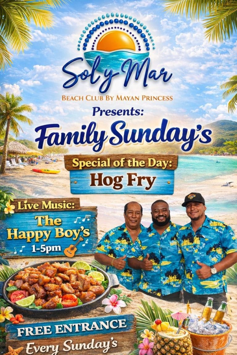 A promotional poster for Soly Mar Beach Club on Roatan, Honduras, features a tropical beach scene with palm trees, a shoreline, and mountains in the background, advertising a family Sunday event with live music, ham fry special, and free entrance.