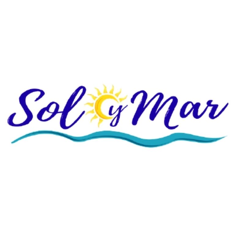 The image features the Sol y Mar logo with stylized blue text, a yellow sun, and a wavy blue line beneath, representing a business in Roatan, Honduras.