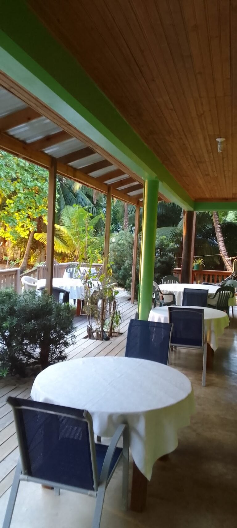 An outdoor dining area on Roatan, Honduras, features round tables with white tablecloths, black and white chairs, and lush tropical greenery including palm trees and shrubs, all under a wooden roof with green support beams.