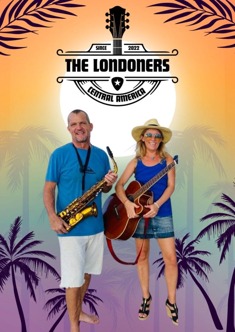 Two musicians, a man holding a saxophone and a woman playing an acoustic guitar, perform on a colorful background with palm tree silhouettes and a circular logo that reads "The Londoners Central America" on Roatan, Honduras.