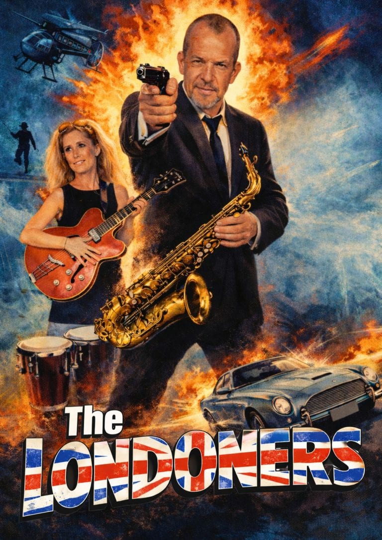 A promotional poster for the movie "The Other Londers" features an older man holding a pistol and a golden saxophone against an explosive background with helicopters, a running woman, a sports car, and a woman playing guitar, all set in a stylized, action-packed scene associated with Roatan, Honduras.