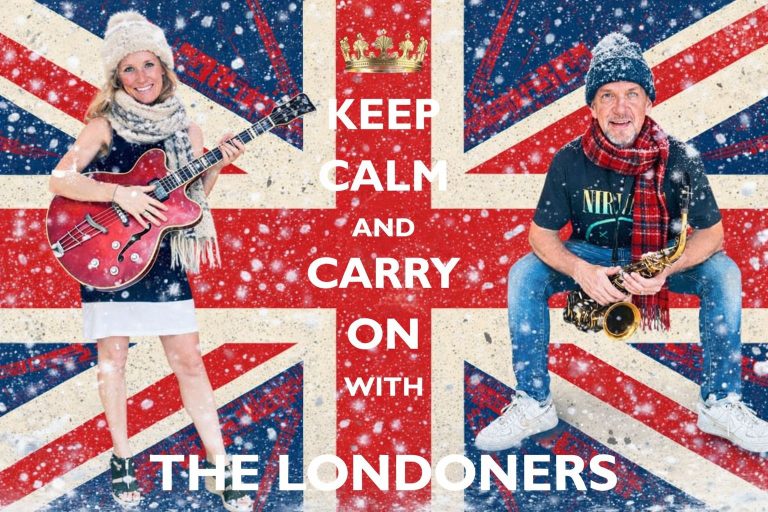 A woman and a man are posing in front of a large British flag with snow effects; the woman holds a red electric guitar, and the man holds a saxophone, on a festive background representing Roatan, Honduras.