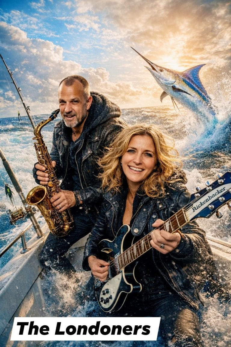 A band called The Londoners performs on a boat in Roatan, Honduras, with a marlin jumping out of the water in the background during a sunset.