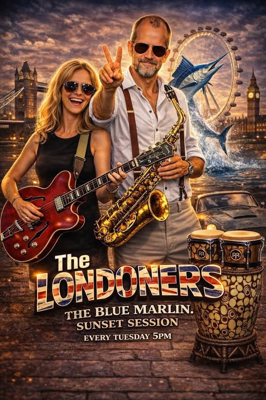 A smiling woman and man playing a guitar and saxophone respectively in front of iconic London landmarks, promoting "The Londoners" Sunset Session event on Roatan, Honduras.