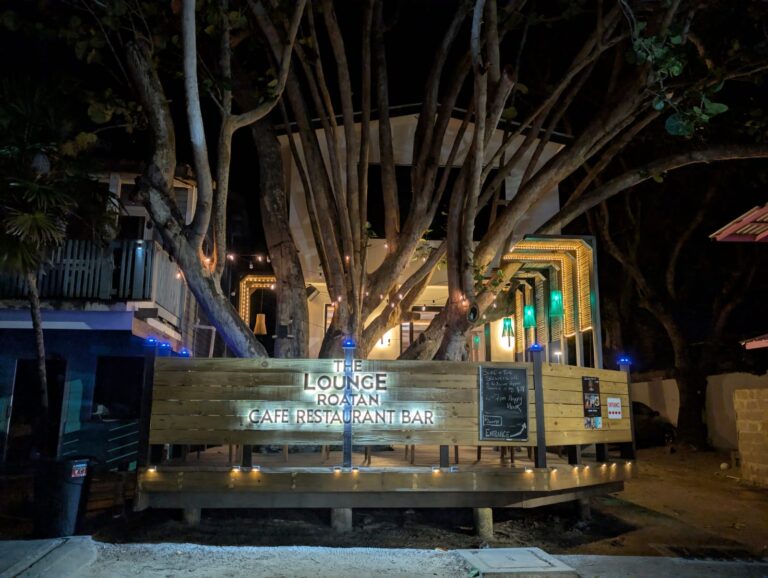 A nighttime view of The Lounge Roatan Café Restaurant Bar in Roatan, Honduras, featuring a wooden sign illuminated with backlighting, surrounding trees with string lights, and a modern outdoor canopy with colorful lighting.