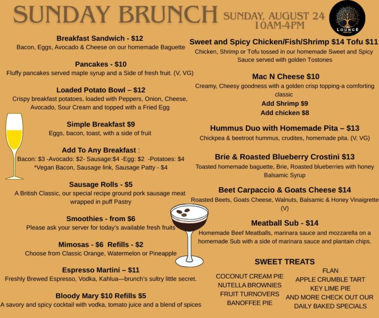 A restaurant menu for Sunday brunch is displayed, featuring various breakfast and lunch options, with a decorative logo in the top right corner, and an illustration of a champagne glass at the left, all set on an orange background representing a business listing for Roatan in Honduras.