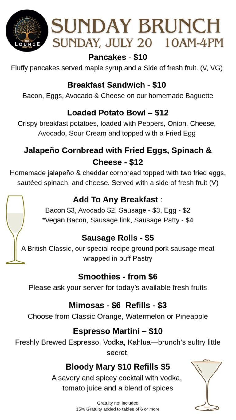 A printed menu for a Sunday brunch event at a bar and lounge in Roatan, Honduras, featuring items like pancakes, breakfast sandwiches, loaded potato bowls, jalapeño cornbread, and various drinks, with the date and time specified.