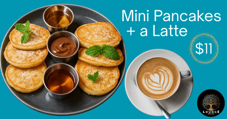 A plate of mini pancakes with three small cups of syrup and garnished with mint leaves, alongside a latte with heart-shaped foam art, displayed on a promotional graphic for a business listing on RoatanYP.com in Roatan, Honduras.