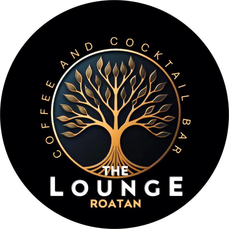 The logo features a golden tree with many branches and leaves encircled by the text "Coffee and Cocktail Trial Bar" and "Roatan" on a black background, representing a business on Roatan, Bay Islands, Honduras.