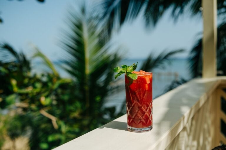 A tall glass of vibrant red fruit punch garnished with fresh mint leaves is placed on a white balcony railing overlooking palm trees and the ocean in Roatan, Honduras.