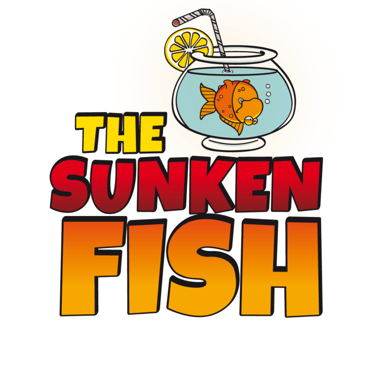 A colorful logo for The Sunken Fish features a cartoon orange fish in a fishbowl with a lemon slice and a striped straw, accompanied by bold red and orange text on a white background, representing a business in Roatan, Honduras.