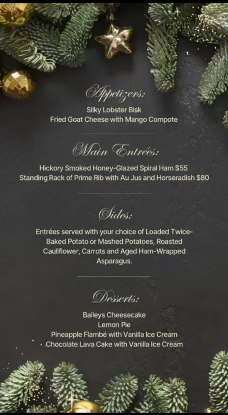 A Christmas-themed menu displayed on a dark background with decorative gold and green pine branches and ornaments surrounding it, listing various appetizers, main entrees, sides, and desserts offered at a restaurant in Roatan, Honduras.