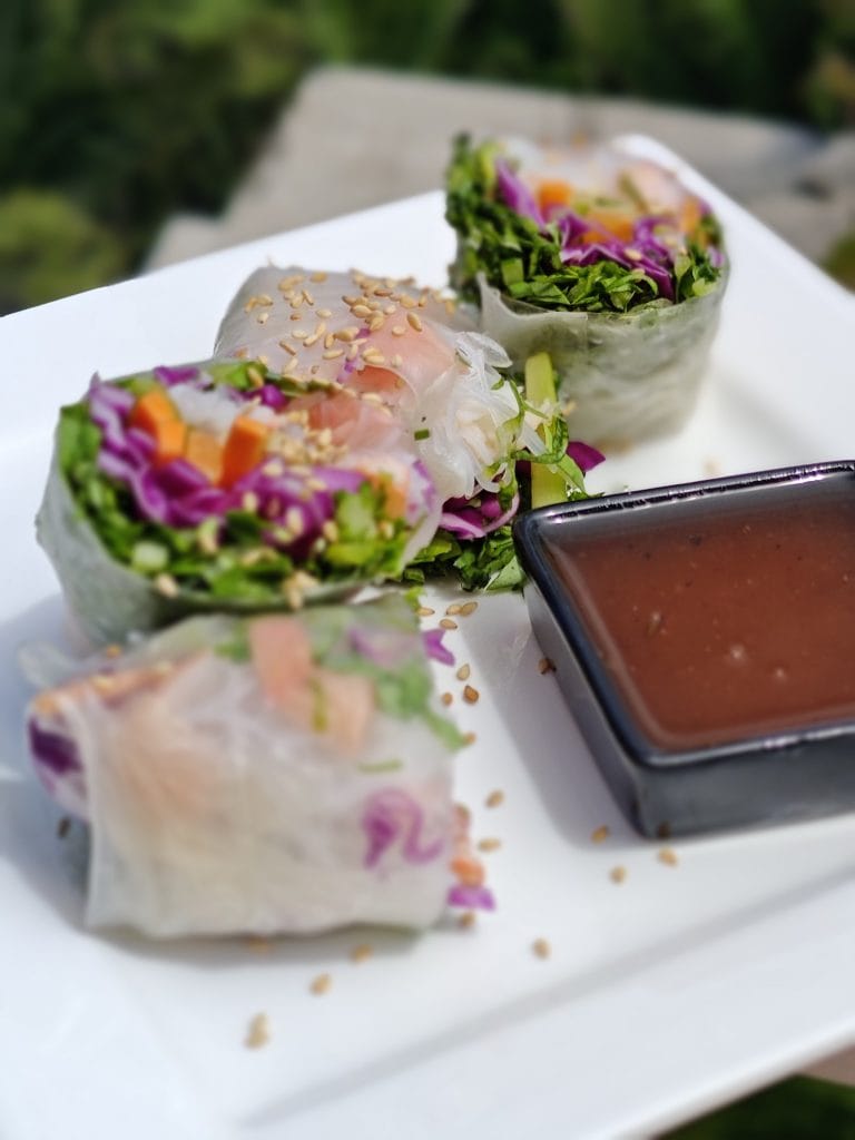 Fresh spring rolls filled with vegetables and served with a dipping sauce, displayed on a white plate with a blurred outdoor background in Roatan, Honduras.