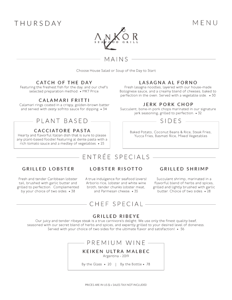 A menu page from a restaurant in Roatan, Honduras, prominently displaying dishes such as lasagna, calamari fries, and jerk pork chop with a clean, white background.