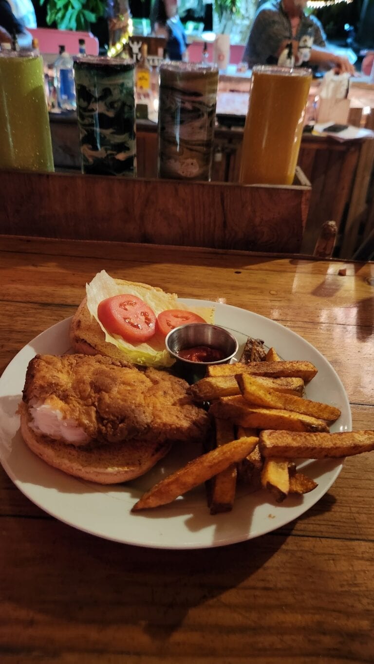 A plate of fried chicken with French fries, tomato slices, lettuce, and dipping sauce in a restaurant setting on Roatan, Honduras, with a background of a wooden table and colorful drinks.