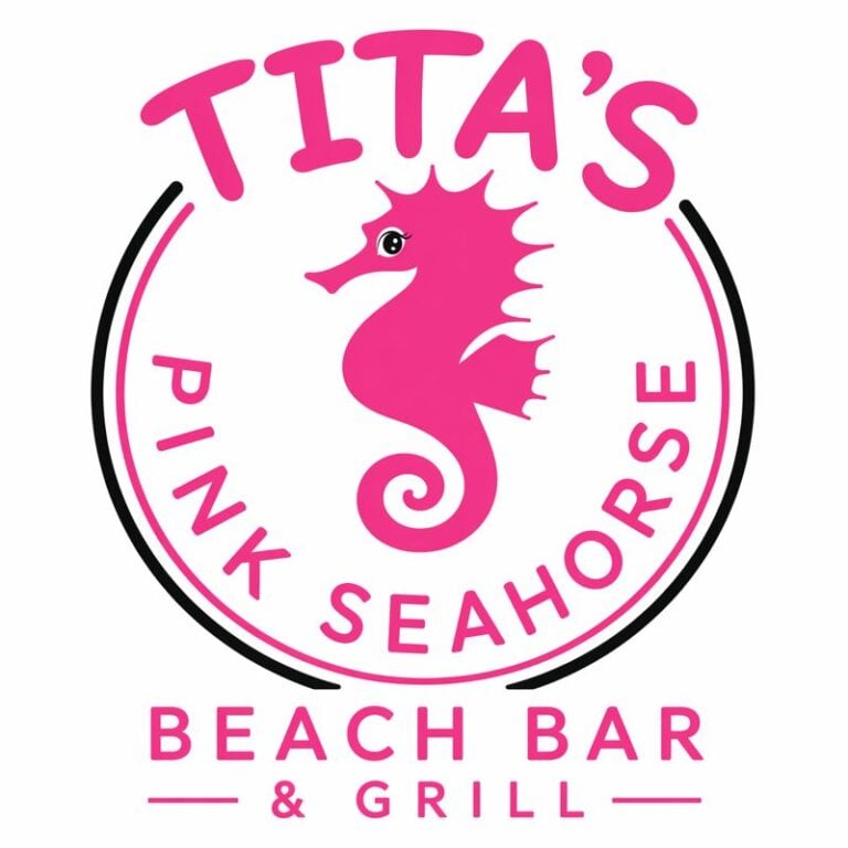 The image displays the logo of Tita's Pink Seahorse Beach Bar & Grill in Roatan, Honduras, featuring a pink seahorse with a smiling eye and stylized text arranged in a circular pattern around it.