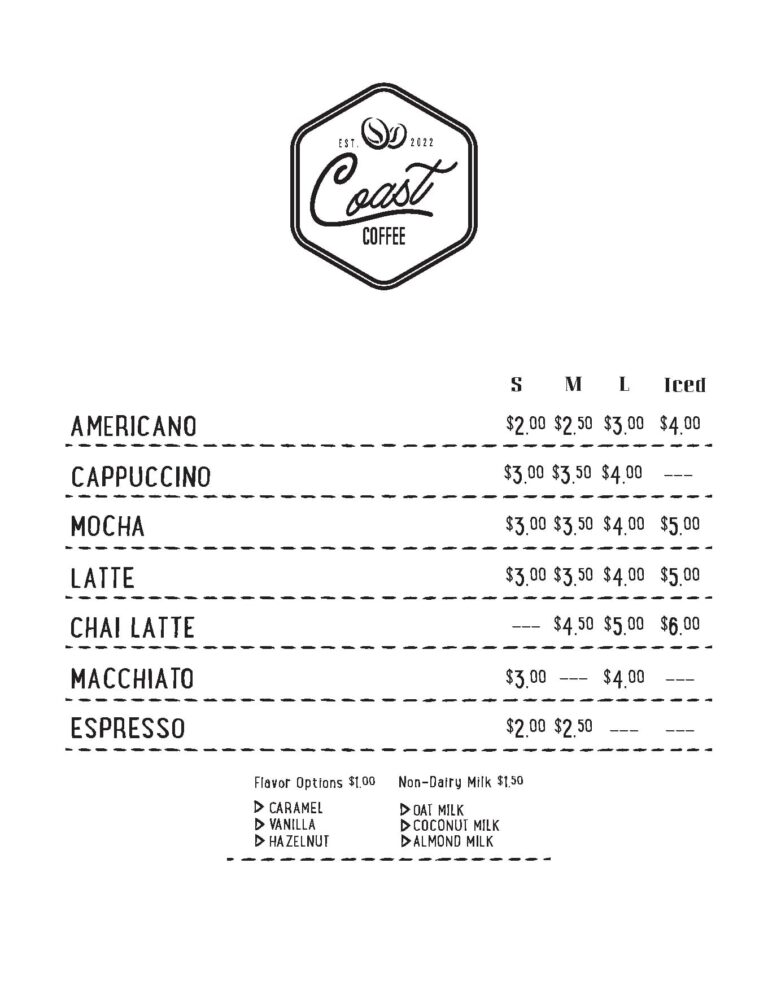 A black-and-white menu featuring various coffee drinks and prices at a cafe located in Roatan, Bay Islands, Honduras, with the logo 'Coast Coffee' at the top.