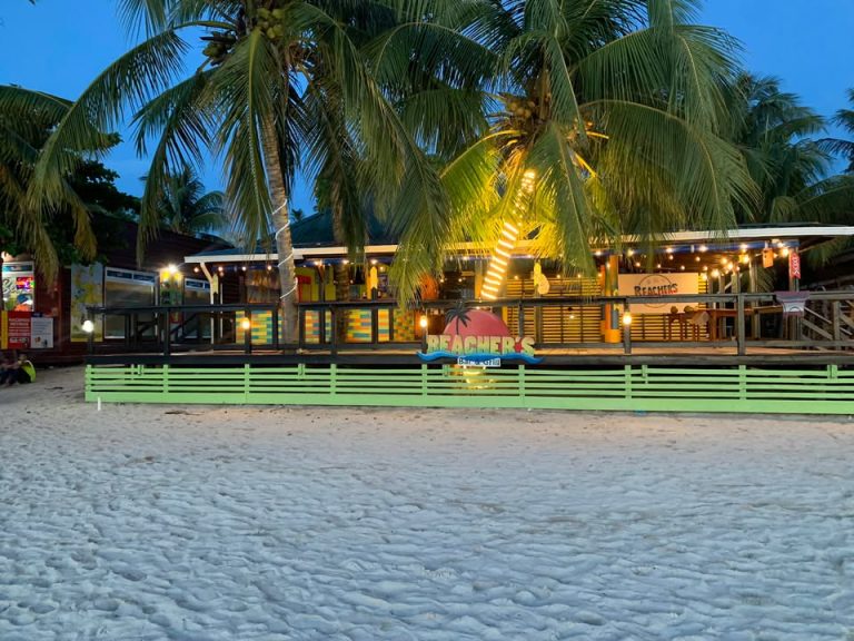 A beachside bar and grill in Roatan, Honduras, features a raised wooden deck with colorful decor, surrounded by palm trees and illuminated by string lights, offering a relaxed tropical setting for visitors.