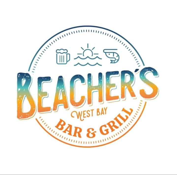 The logo for Beachers West Bay Bar & Grill in Roatan, Honduras features a circular design with icons of a beer mug, sun over waves, and a cocktail glass above the establishment's name.