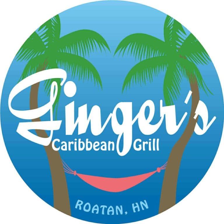 The image features a circular logo for Cibber's Caribbean Grill in Roatan, Honduras, with two illustrated palm trees, a hammock, and a blue background.