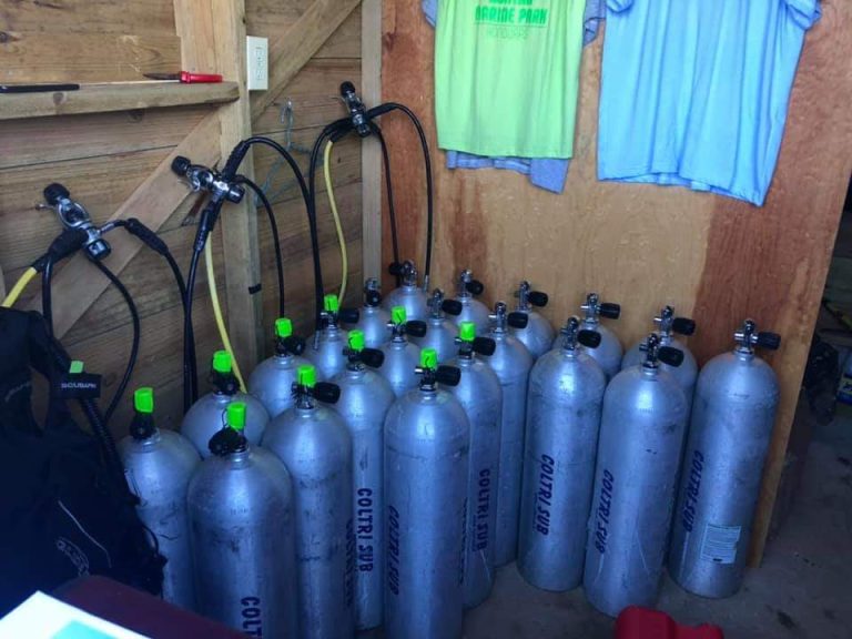 A collection of scuba diving tanks with regulators in a wooden storage area on Roatan, Honduras, with T-shirts hanging on the wall.