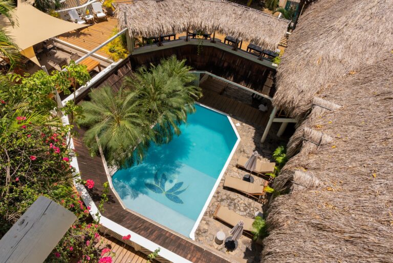 An aerial view of a tropical swimming pool surrounded by a thatched-roof hut, palm trees, outdoor seating, and lush plants on a wooden deck in Roatan, Honduras.
