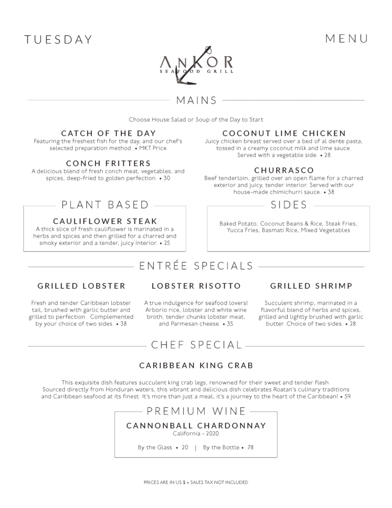 A restaurant menu from Ankor Seafood Grill on Roatan, Bay Islands, Honduras, displaying various seafood and international dishes with a clean, modern design.
