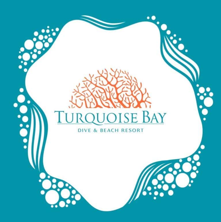The logo for Turquoise Bay Dive & Beach Resort features an orange coral illustration surrounded by a white wavy border and a teal background, representing a beach and diving destination in Roatan, Honduras.