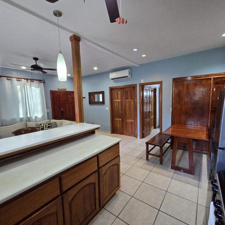 Interior view of a cozy Honduran home in Roatan featuring a kitchen with wooden cabinets, a beige sofa, and wooden doors, with blue walls and tiled flooring.
