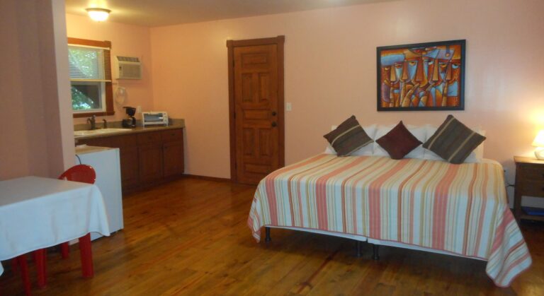 A cozy hotel room in Roatan, Honduras, features a bed with a striped bedspread, decorative pillows, a wooden nightstand with a lamp, a framed colorful abstract painting on the wall, a small kitchenette with a countertop, coffee maker, toaster, and microwave, and a window with blinds allowing natural light.