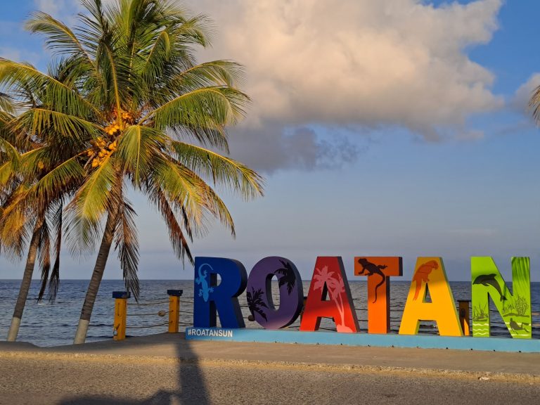 Colorful roatan-themed letters spelling "ROATAN" are displayed along the shoreline with the ocean and a palm tree with yellow coconuts in the background on Roatan, Honduras.