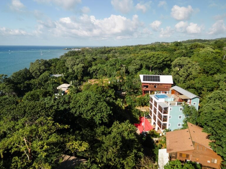 An aerial view of lush green trees, colorful buildings, and boats anchored offshore in the blue waters of Roatan, Honduras.