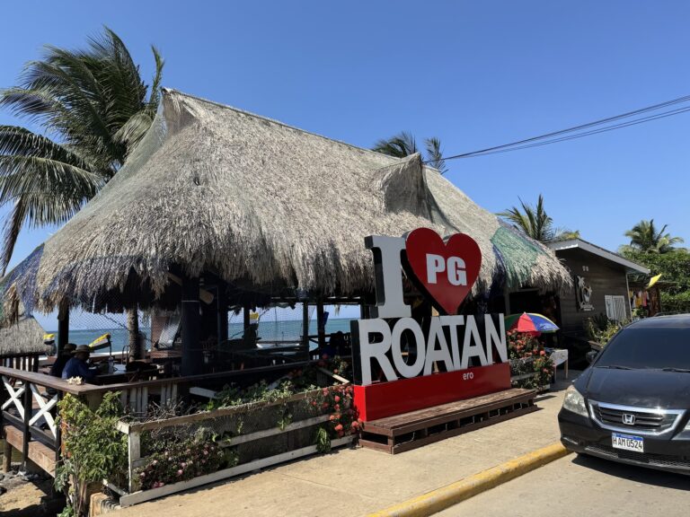 A thatched roof hut with a "I love Roatan" sign, palm trees, and a view of the Caribbean Sea in the background, located on Roatan, Honduras.