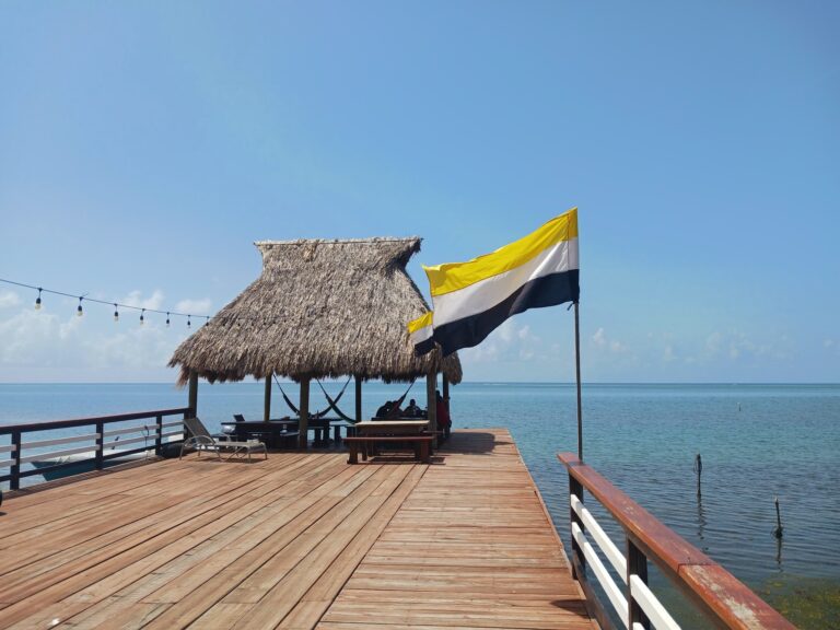 A wooden pier with a thatched roof hut and yellow, white, and black flags overlooks the calm ocean in Roatan, Honduras, under a clear blue sky.