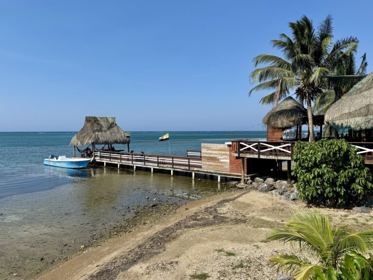 A sandy beach with calm ocean waters, thatched-roof huts, a small boat named "Dona Talia" docked at a wooden pier, and palm trees on Roatan, Honduras.