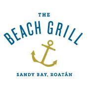 The image features the logo of The Beach Grill in Sandy Bay, Roatán, Honduras, with a stylized anchor symbol and the restaurant's name in blue and gold text.