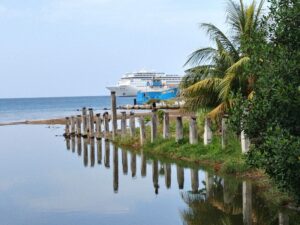 A large cruise ship is anchored offshore near a lush, green shoreline with palm trees in Roatan, Honduras, reflecting on the calm water near a small dock with colorful boats.