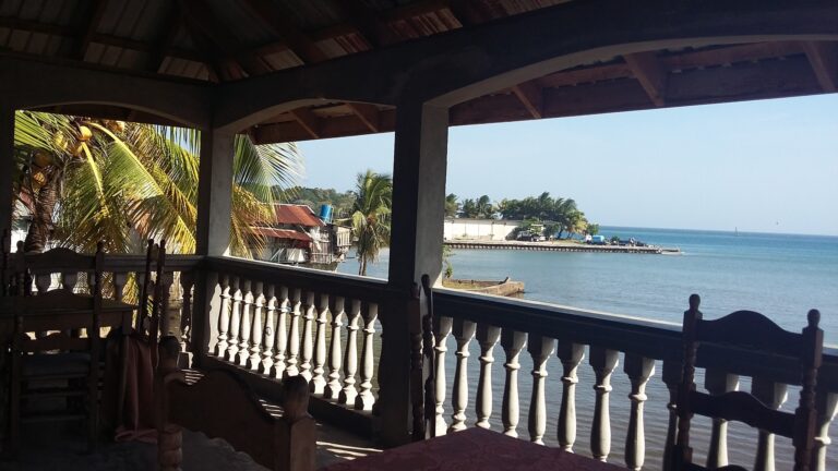 A shaded balcony overlooking the ocean with palm trees, a pier, and buildings along the shoreline in Roatan, Honduras.