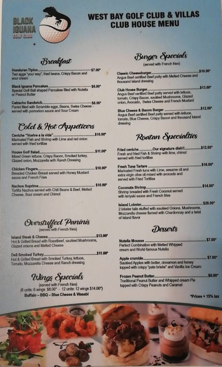 A menu from Black Iguana Golf Club in Roatan, Honduras, displays breakfast, cold and hot appetizers, club house specials, roatan specialties, wing specials, and desserts, with illustrations of food items at the bottom.