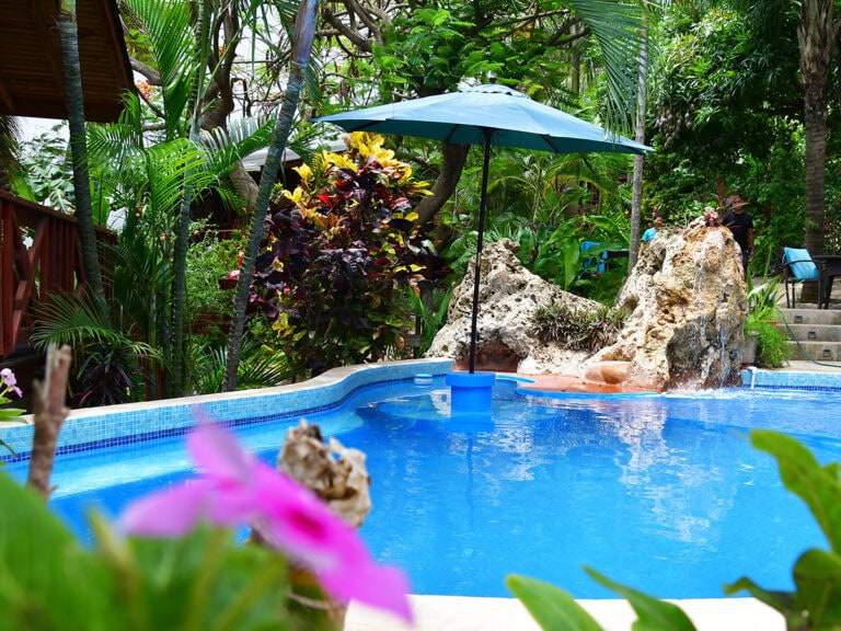 A tropical swimming pool surrounded by lush greenery, colorful plants, and large rocks, with a blue umbrella providing shade on Roatan, Honduras.