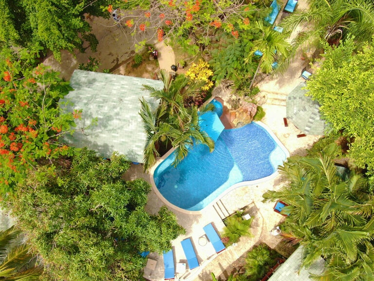 An aerial view of a tropical resort area in Roatan, Honduras, featuring a kidney-shaped swimming pool surrounded by lush green trees, palm trees, and tropical plants, with shaded seating areas and pathways integrated into the landscape.