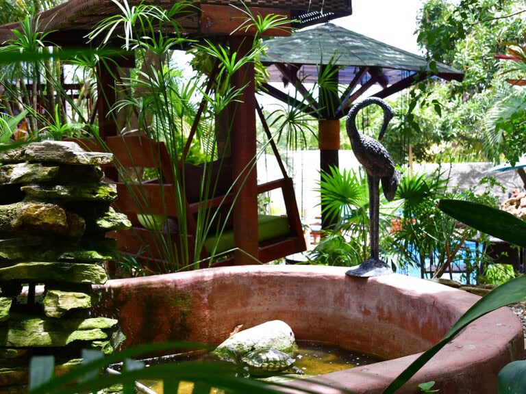 A lush tropical garden in Roatan, Honduras, features a decorative water fountain, a metal flamingo sculpture, and a wooden swing with green cushions, all surrounded by vibrant green plants and trees.