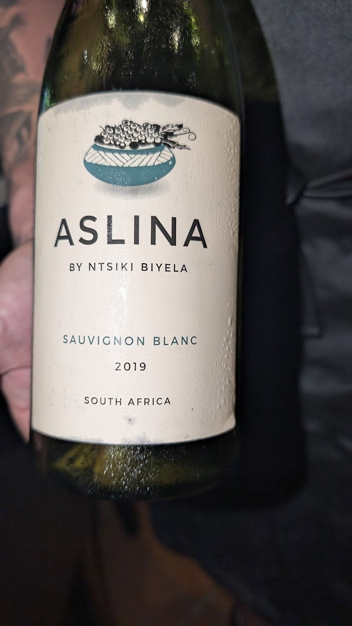 Aslina Sauvignon Blanc 2019 by Ntsiki Biyela South Africa's first Black female winemaker served at the Wine Not African Safari wine tasting in French Harbour Roatan