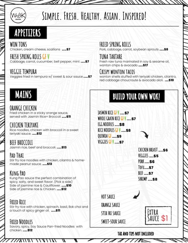 A close-up of a black and white Asian-inspired restaurant menu from Roatan, Honduras, featuring Asian dishes, appetizers, mains, and build-your-own-wok options with handwritten-style fonts and colorful icons.